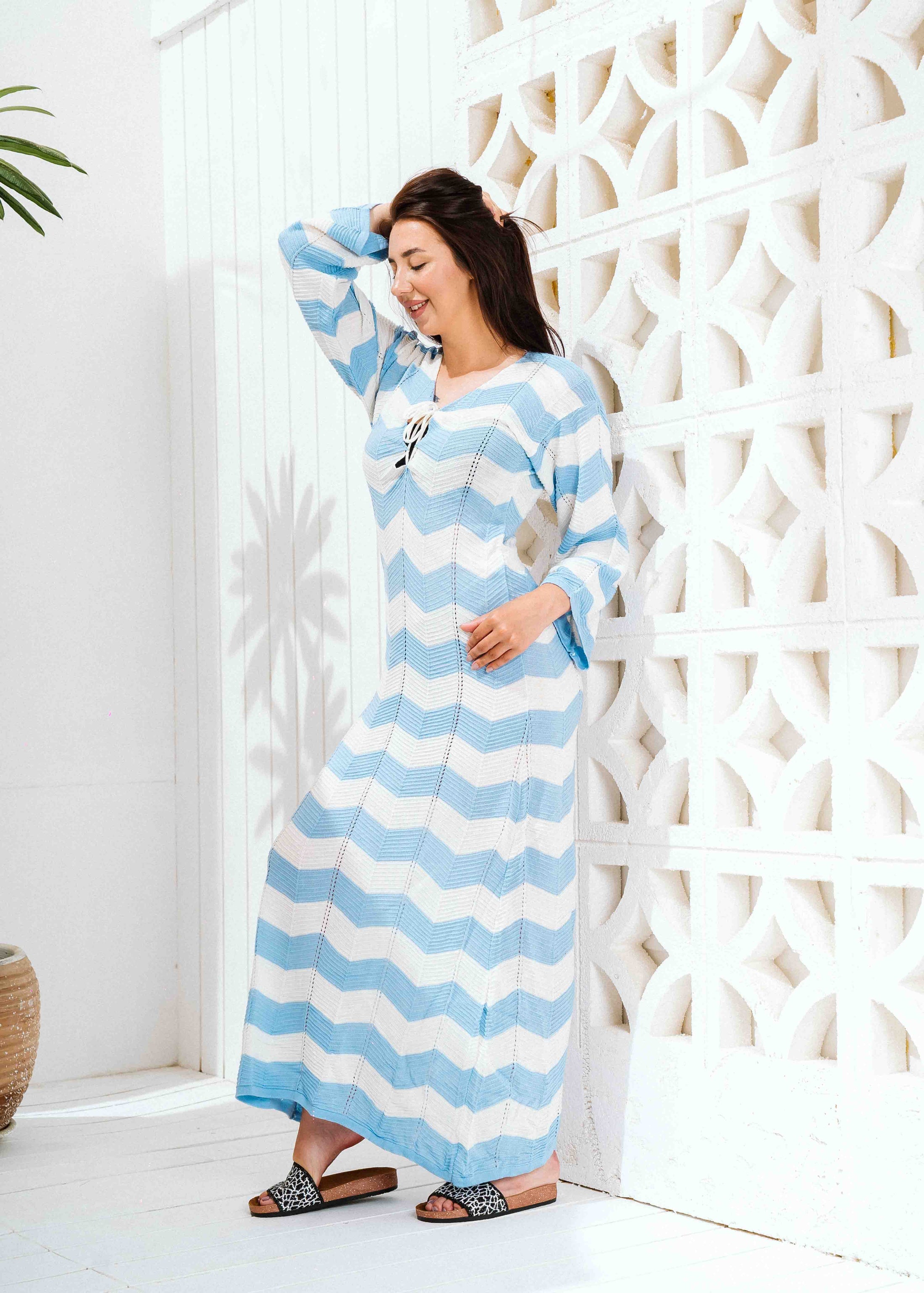 Zigzag Print Long Sleeve Dress - blue
