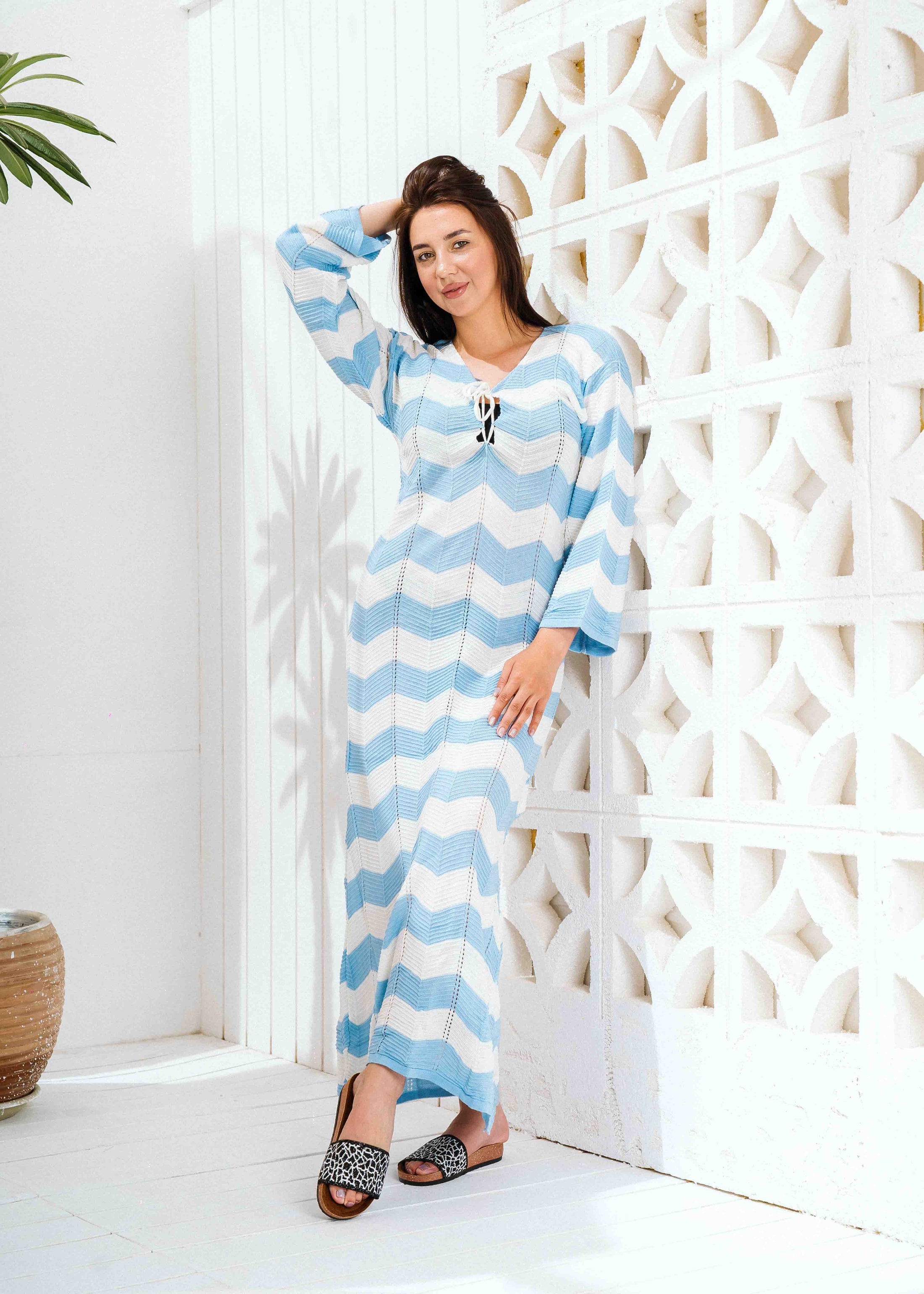 Zigzag Print Long Sleeve Dress - blue