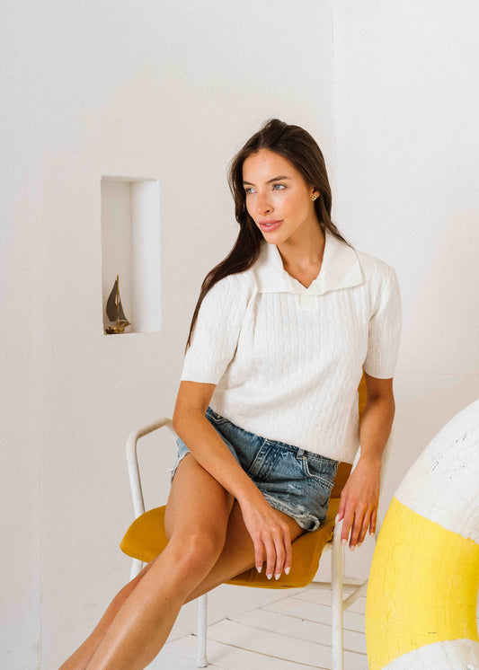 Cable-Knit Polo Shirt - white