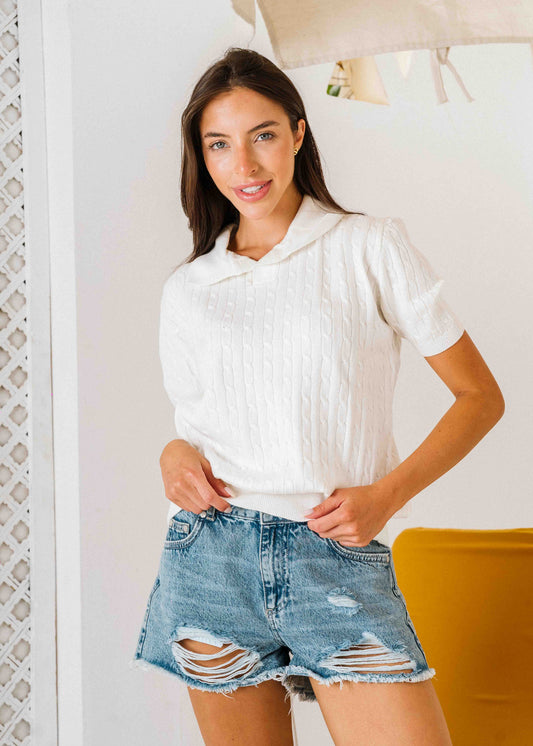Cable-Knit Polo Shirt - white