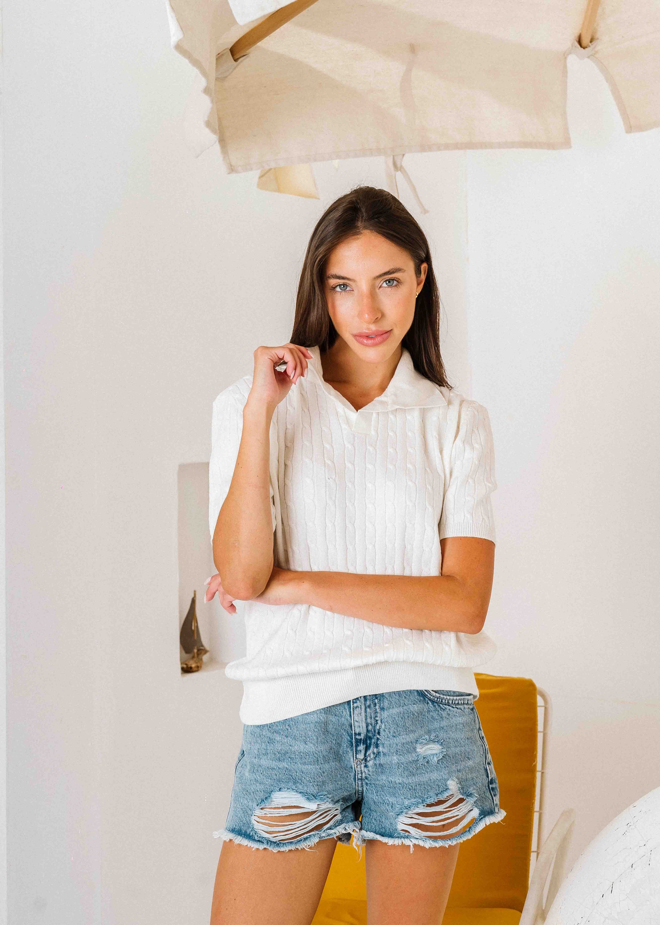 Cable-Knit Polo Shirt - white