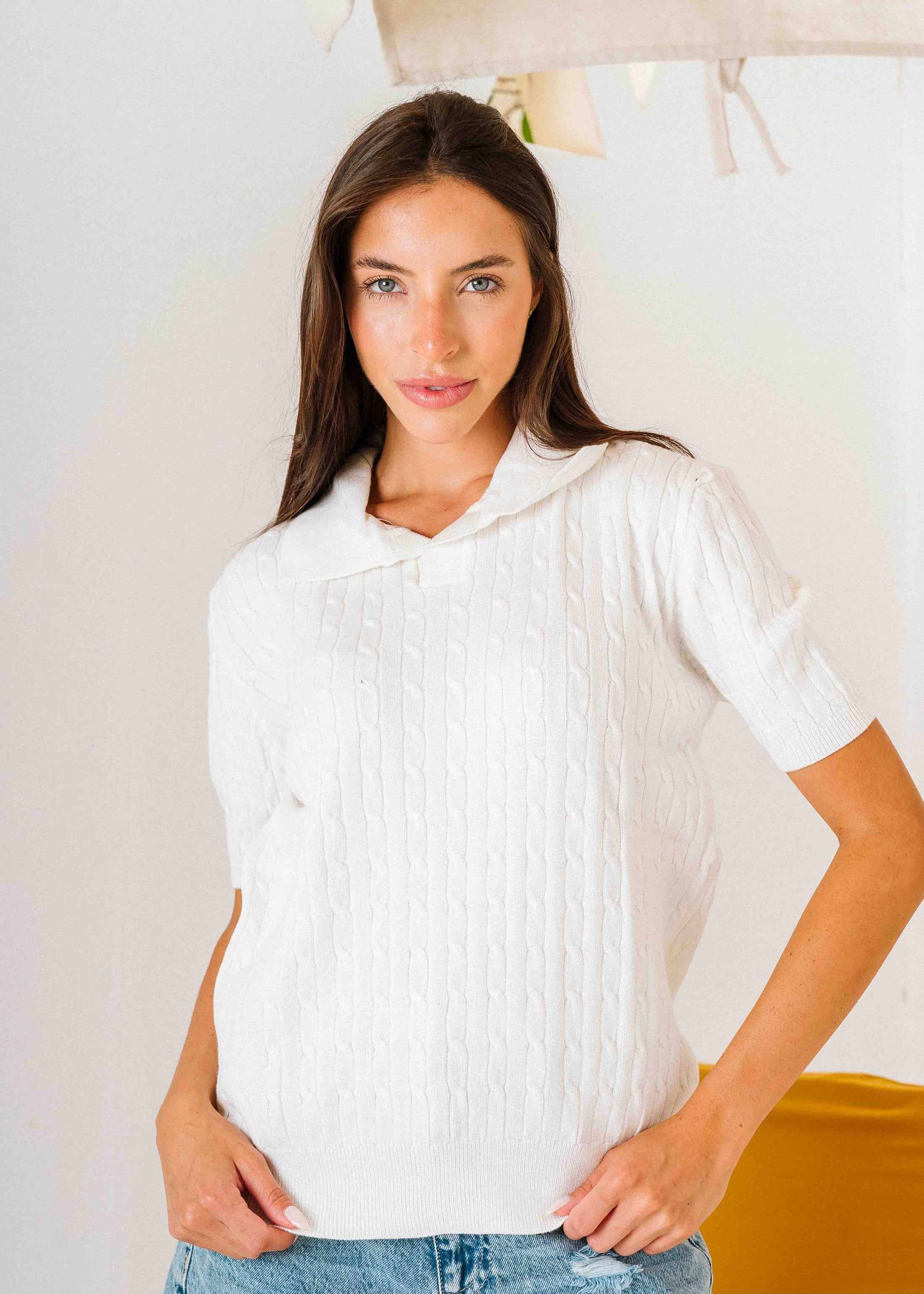 Cable-Knit Polo Shirt - white