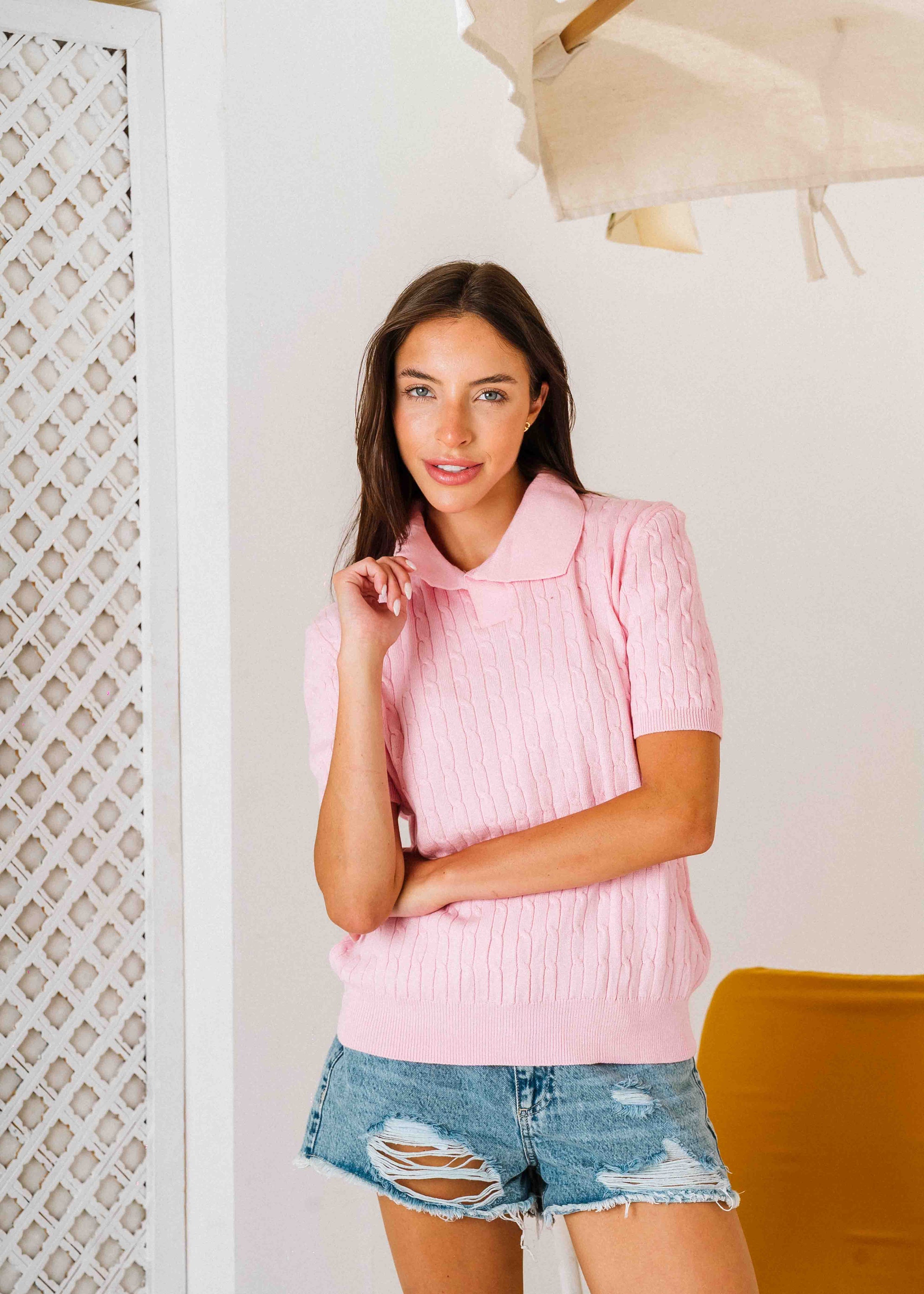 Cable-Knit Polo Shirt - pink
