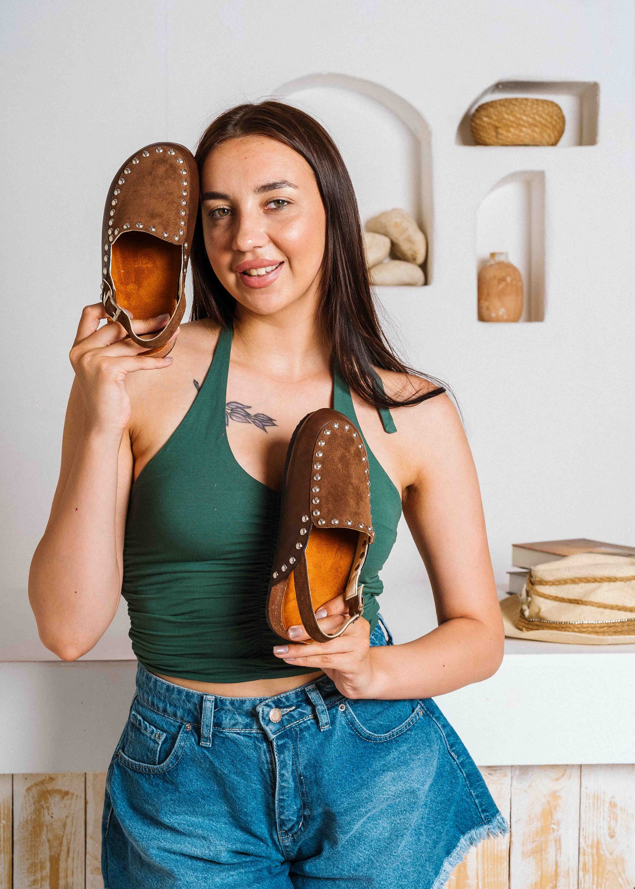 Chic Studded Slingback Clogs - brown