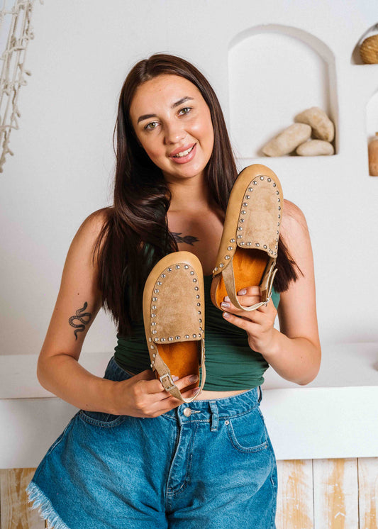 Chic Studded Slingback Clogs - cafe