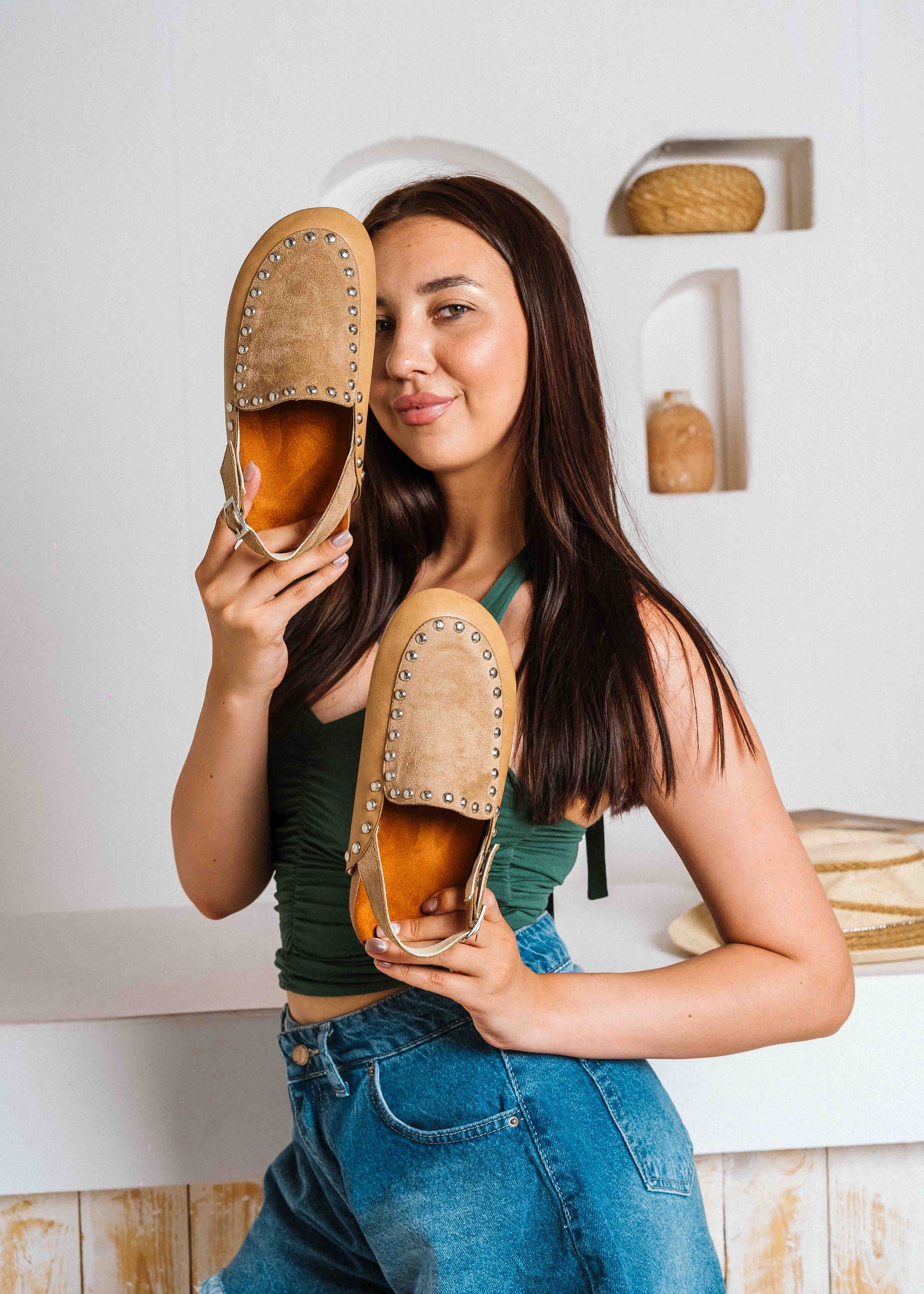 Chic Studded Slingback Clogs - cafe