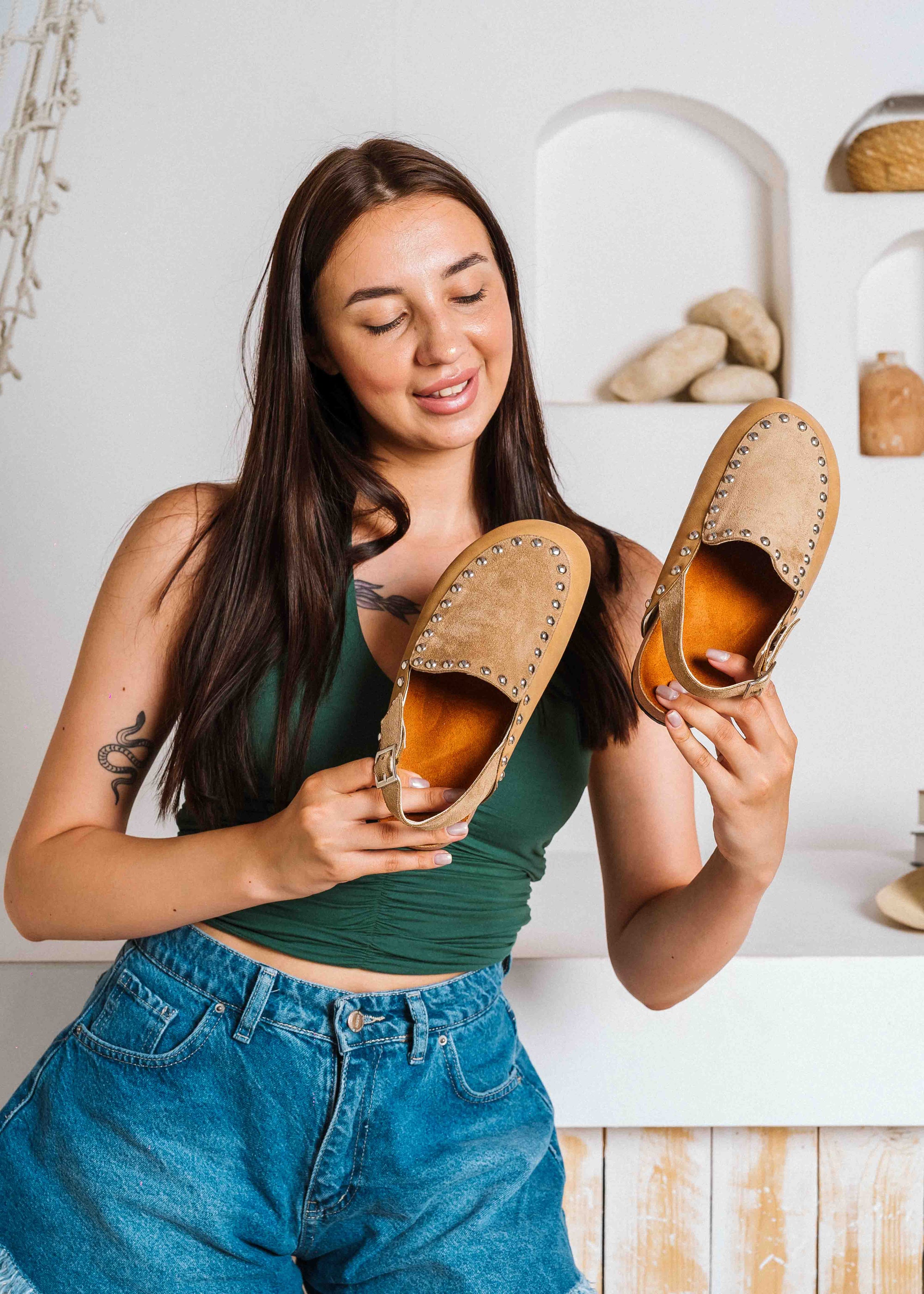 Chic Studded Slingback Clogs - cafe