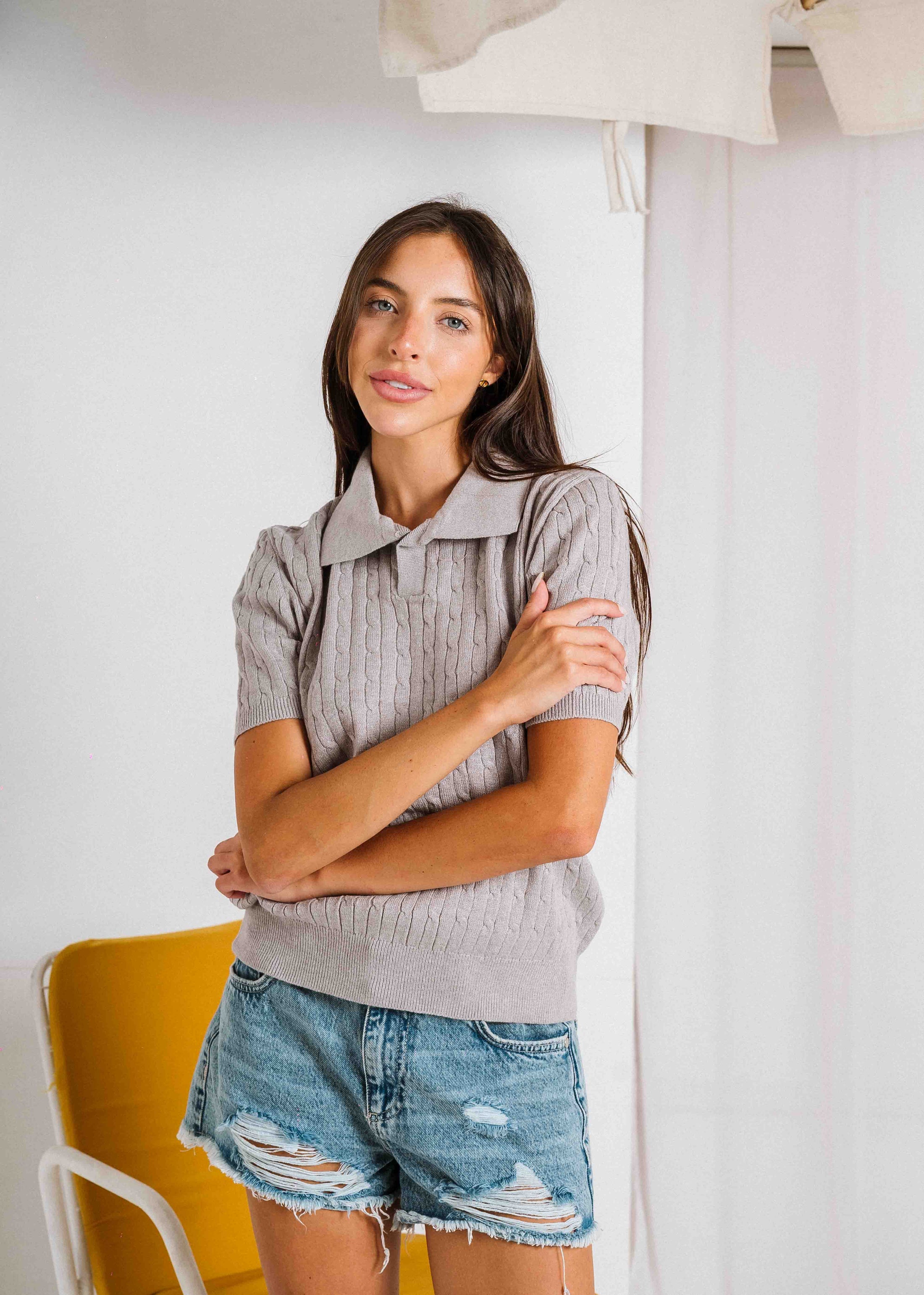 Cable-Knit Polo Shirt - gray