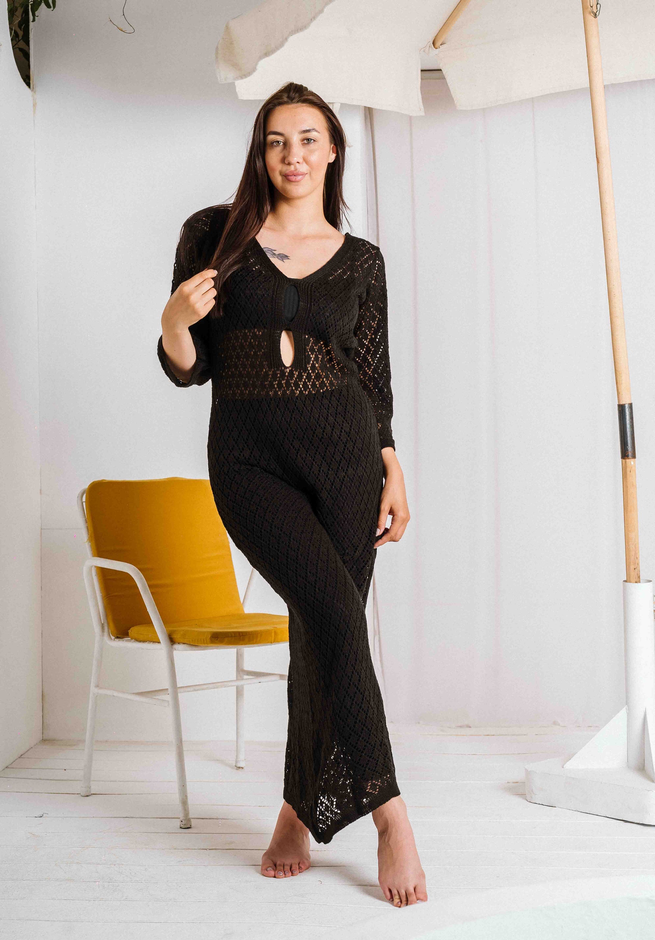 Open-Weave Long Sleeve Beach Dress - black