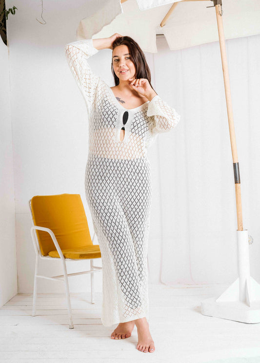 Open-Weave Long Sleeve Beach Dress - white