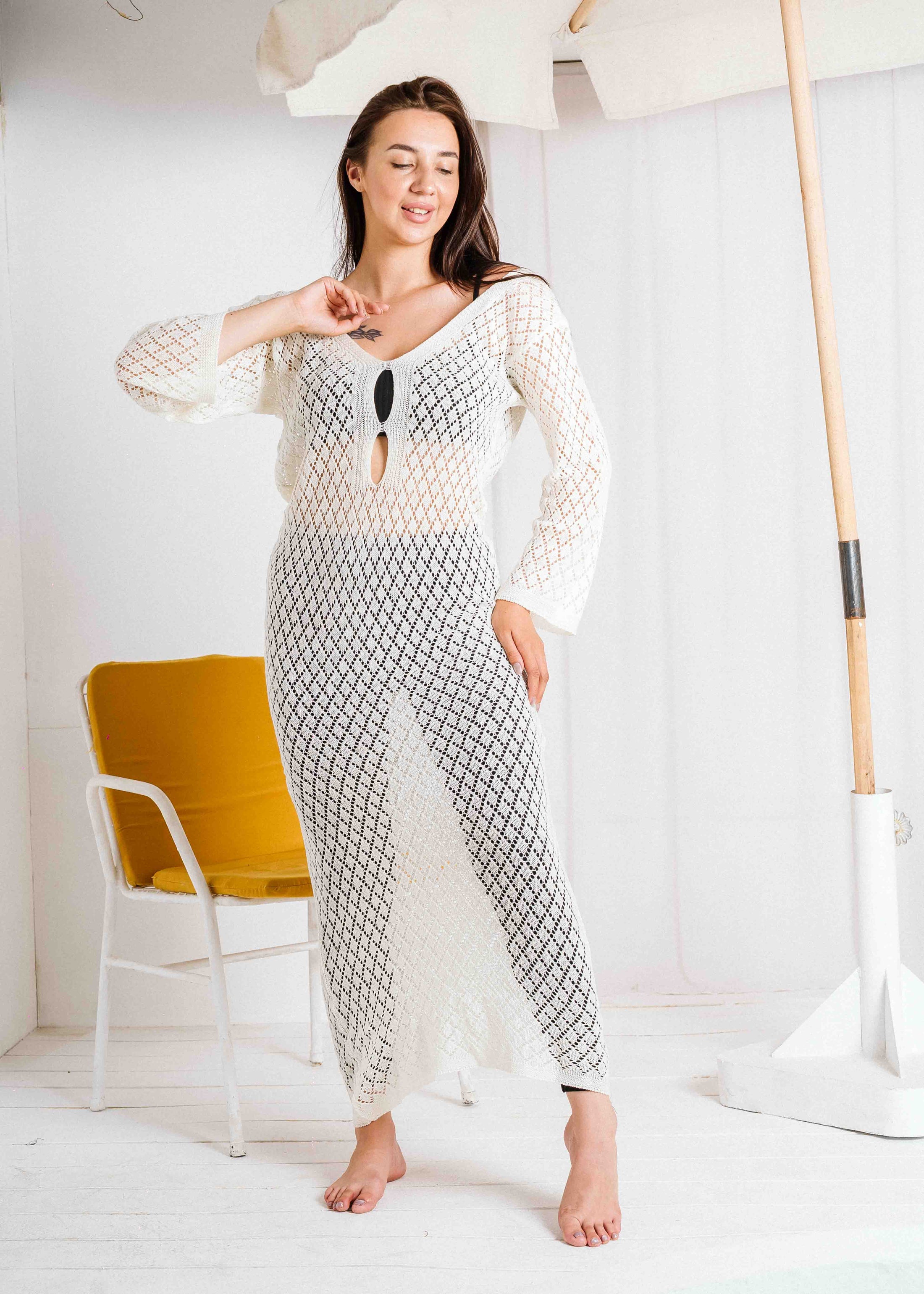 Open-Weave Long Sleeve Beach Dress - white