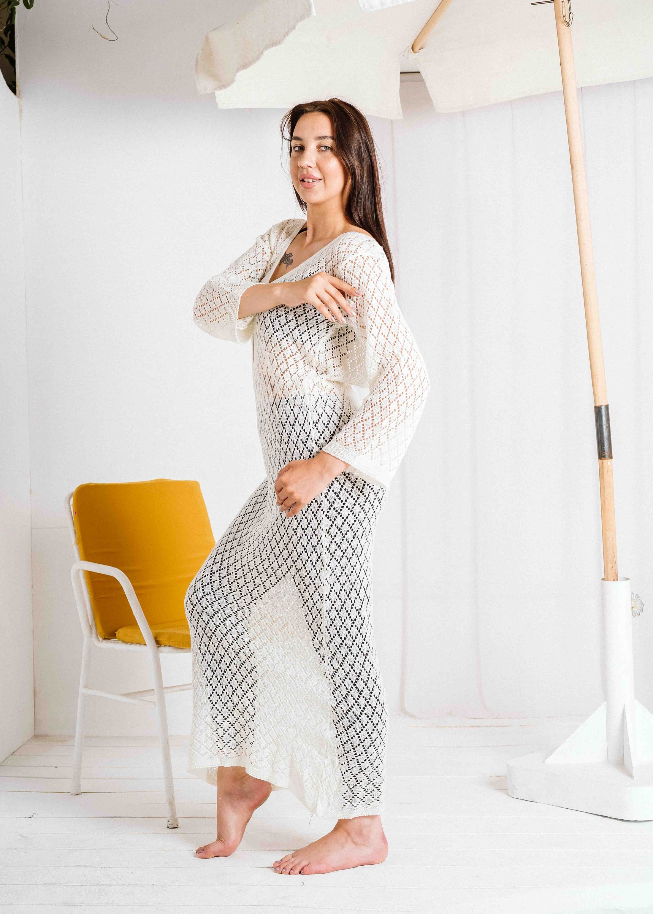 Open-Weave Long Sleeve Beach Dress - white