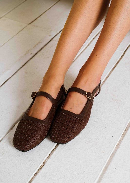 Woven Strap Slingback Flats - brown