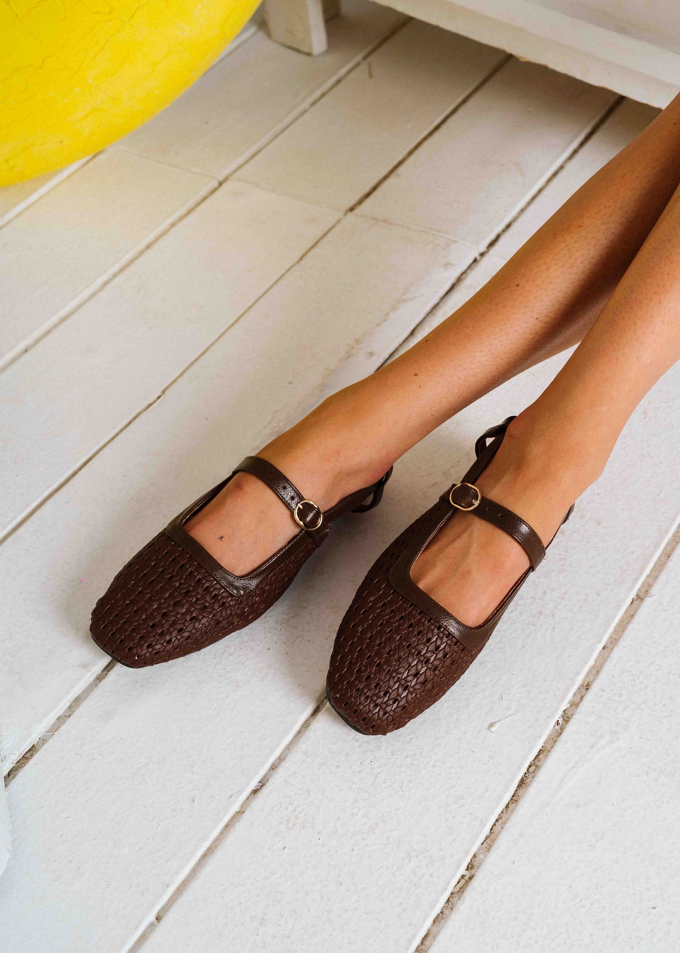 Woven Strap Slingback Flats - brown