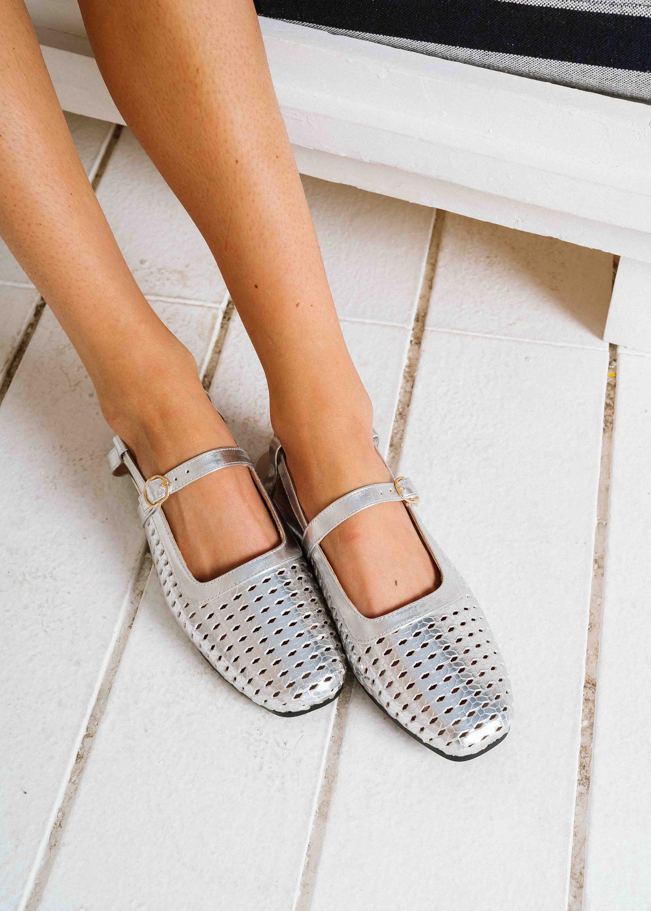 Woven Strap Slingback Flats - silver