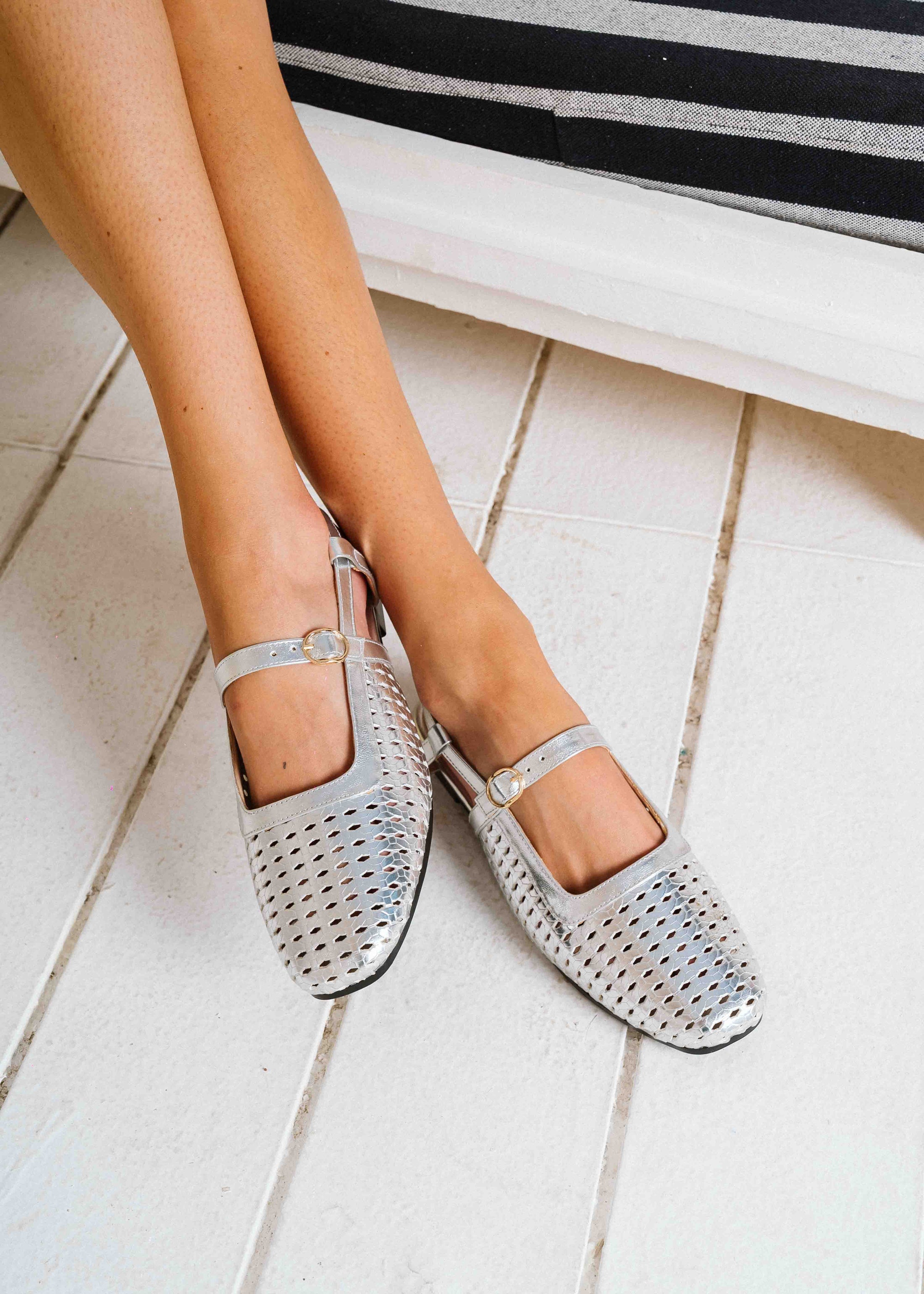 Woven Strap Slingback Flats - silver