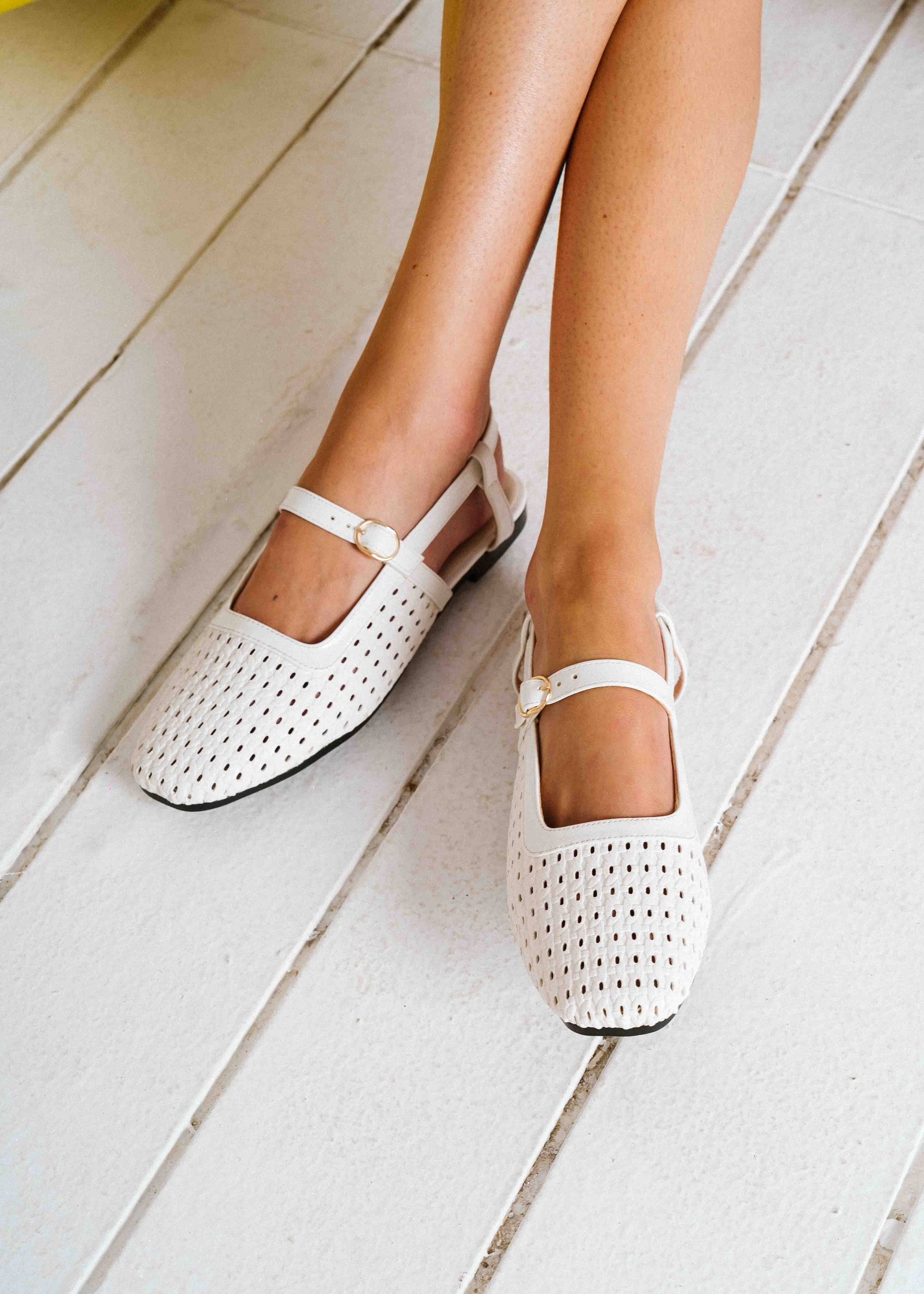 Woven Strap Slingback Flats - white