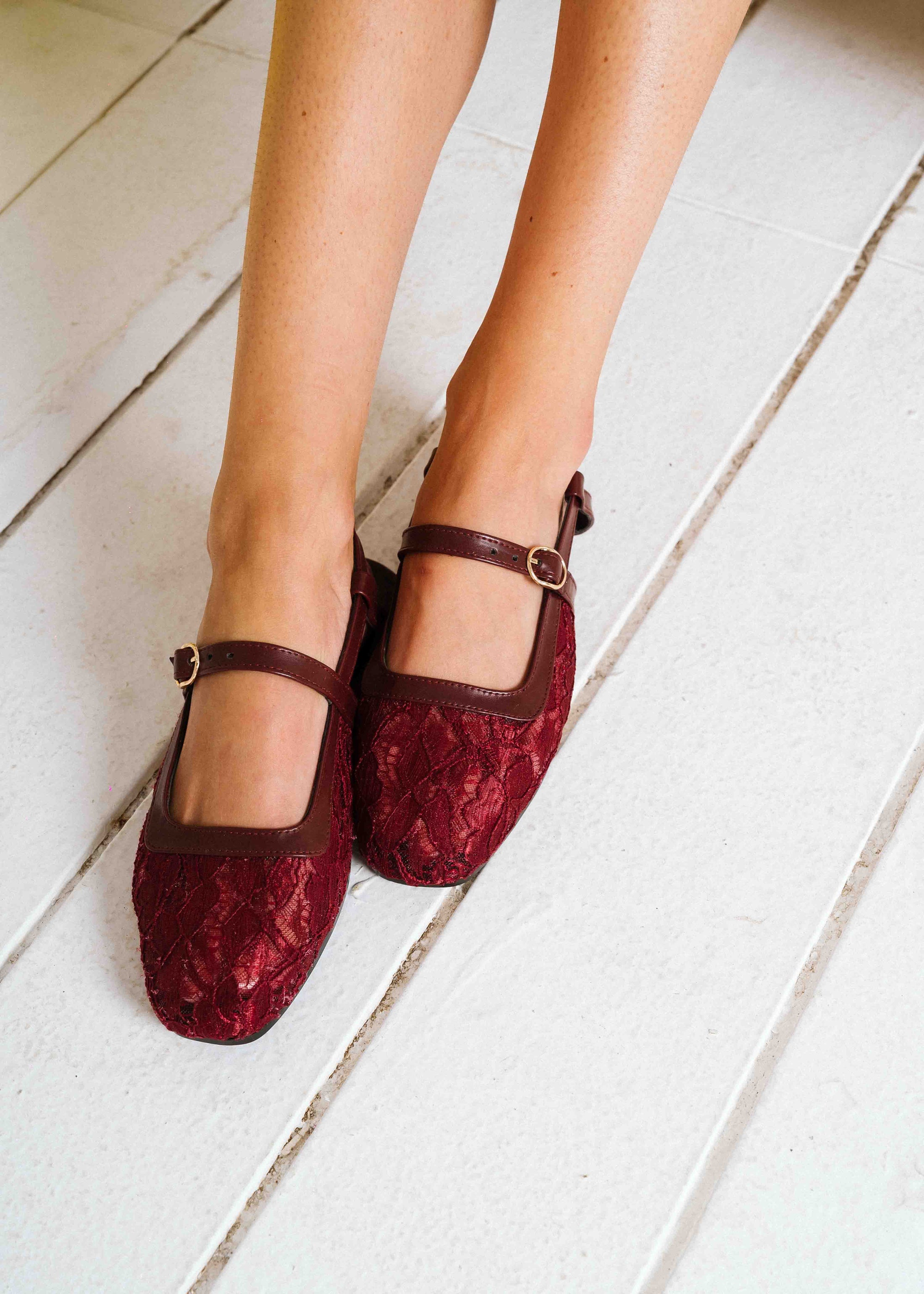Lace Strap Slingback Mary Janes - maroon