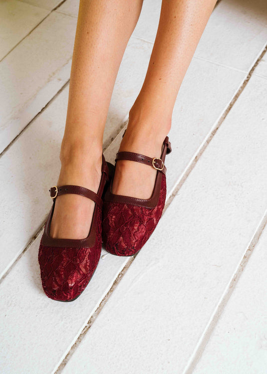 Lace Strap Slingback Mary Janes - maroon