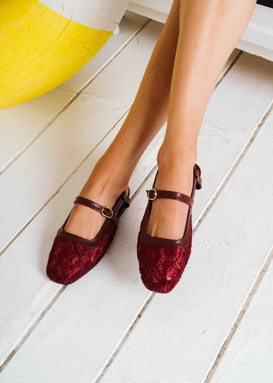 Lace Strap Slingback Mary Janes - maroon