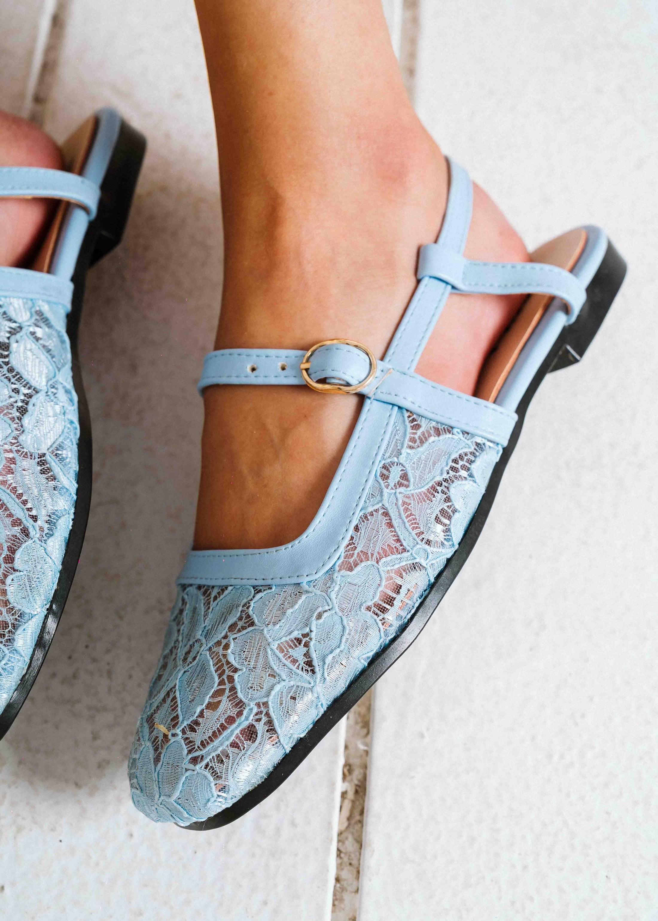Lace Strap Slingback Mary Janes - blue