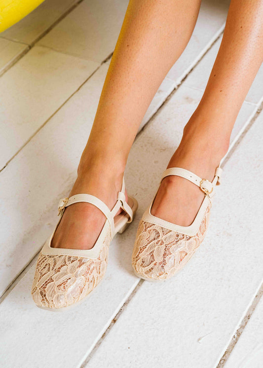 Lace Strap Slingback Mary Janes - beige