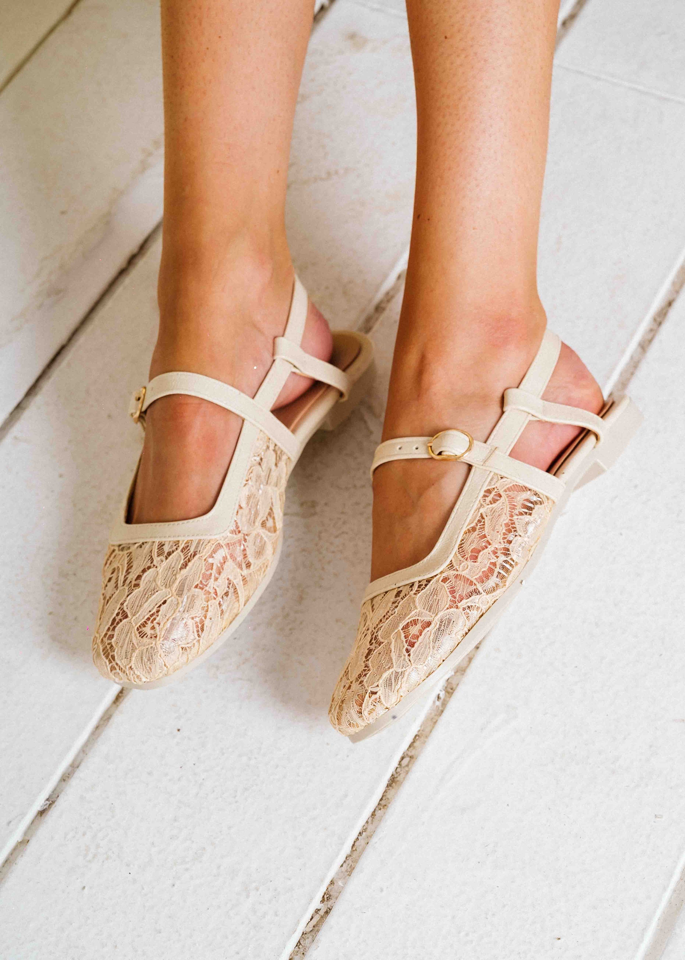 Lace Strap Slingback Mary Janes - beige