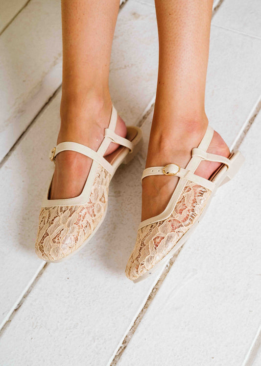Lace Strap Slingback Mary Janes - beige