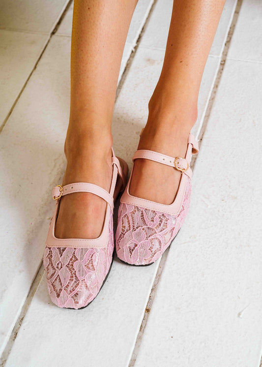 Lace Strap Slingback Mary Janes - pink