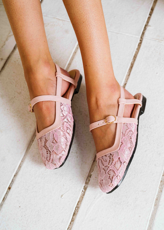 Lace Strap Slingback Mary Janes - pink