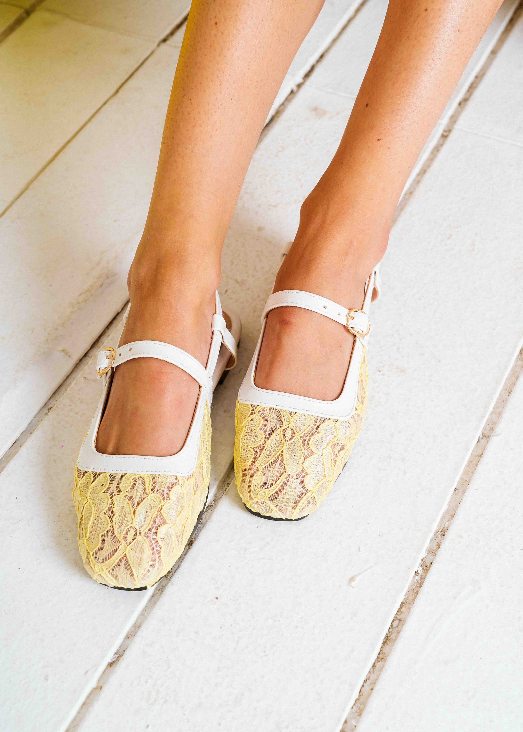 Lace Strap Slingback Mary Janes - yellow