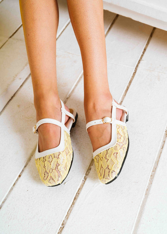 Lace Strap Slingback Mary Janes - yellow