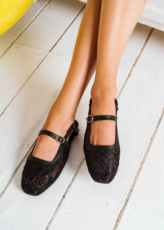 Lace Strap Slingback Mary Janes - black