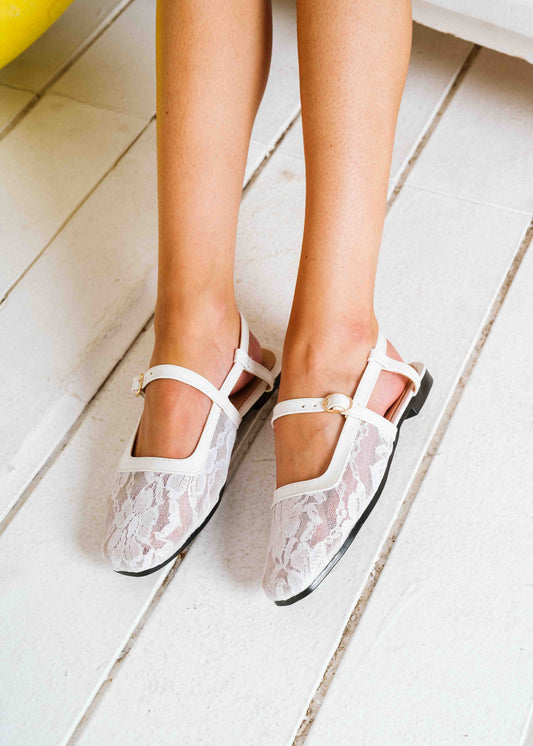 Lace Strap Slingback Mary Janes - white