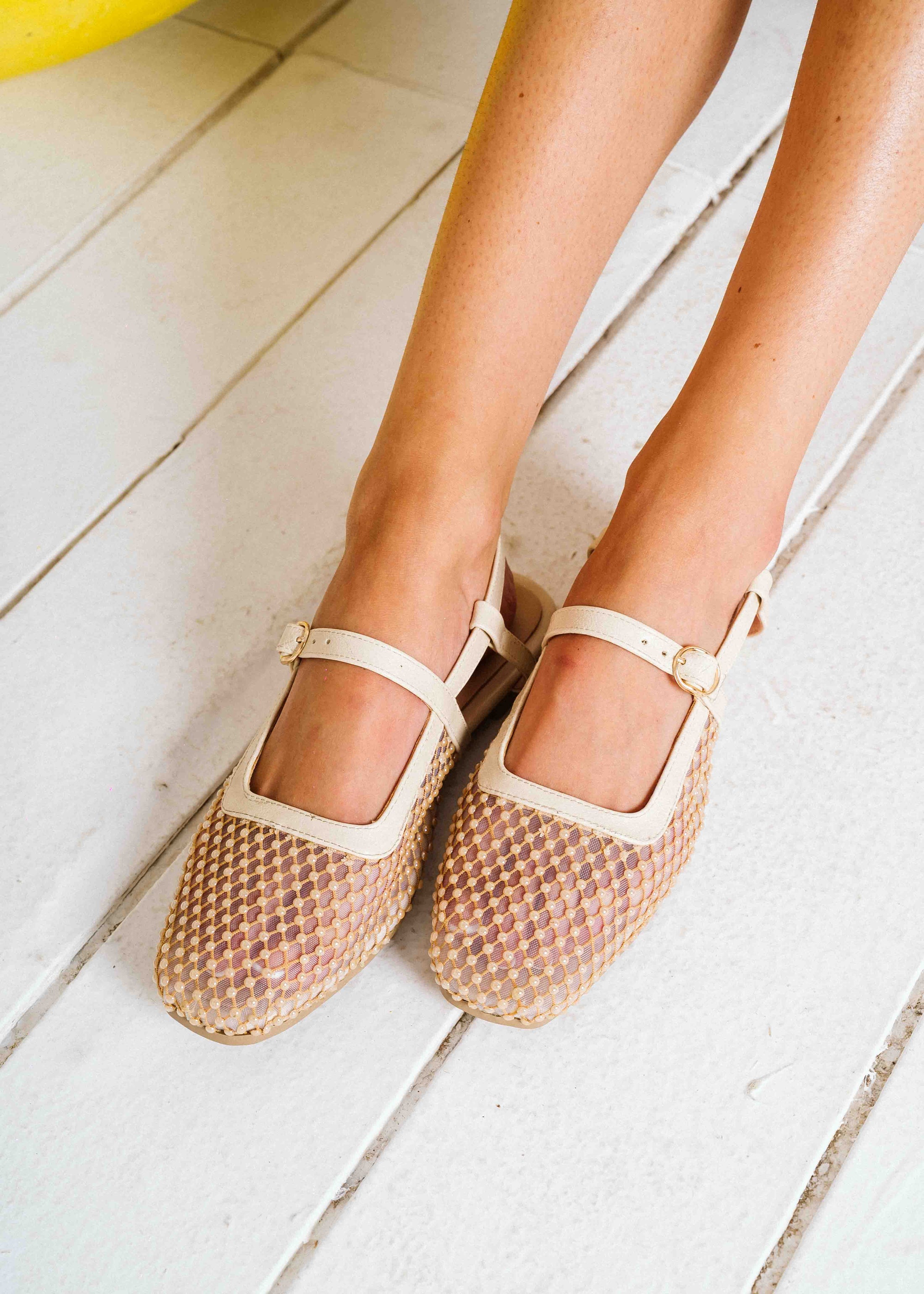 Pearl-Detail Mesh Slingback Flats - beige