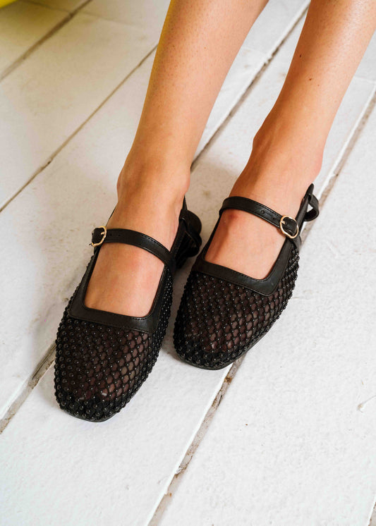 Pearl-Detail Mesh Slingback Flats - black