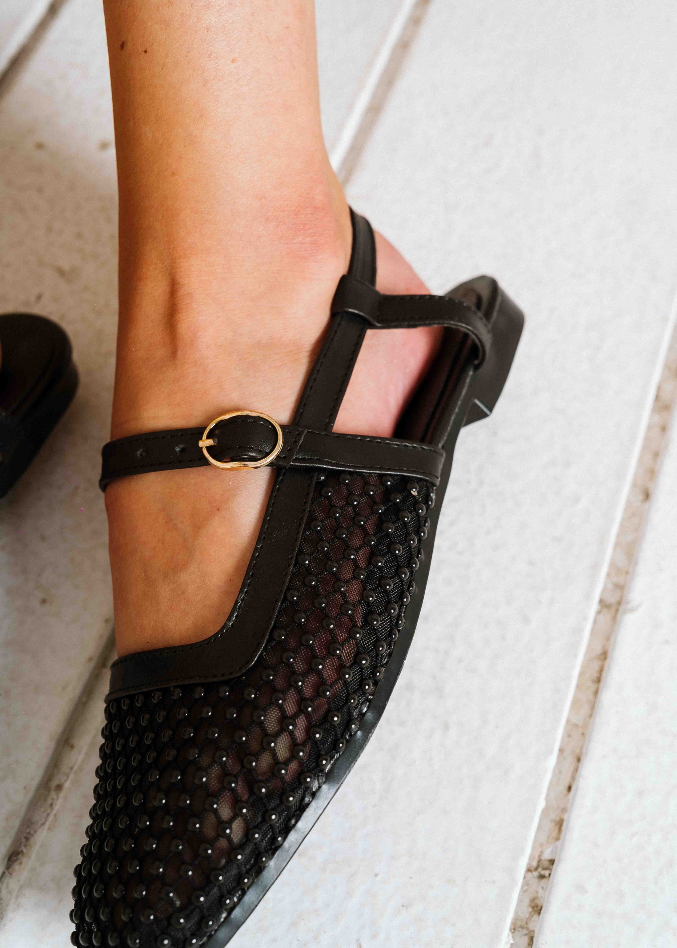 Pearl-Detail Mesh Slingback Flats - black