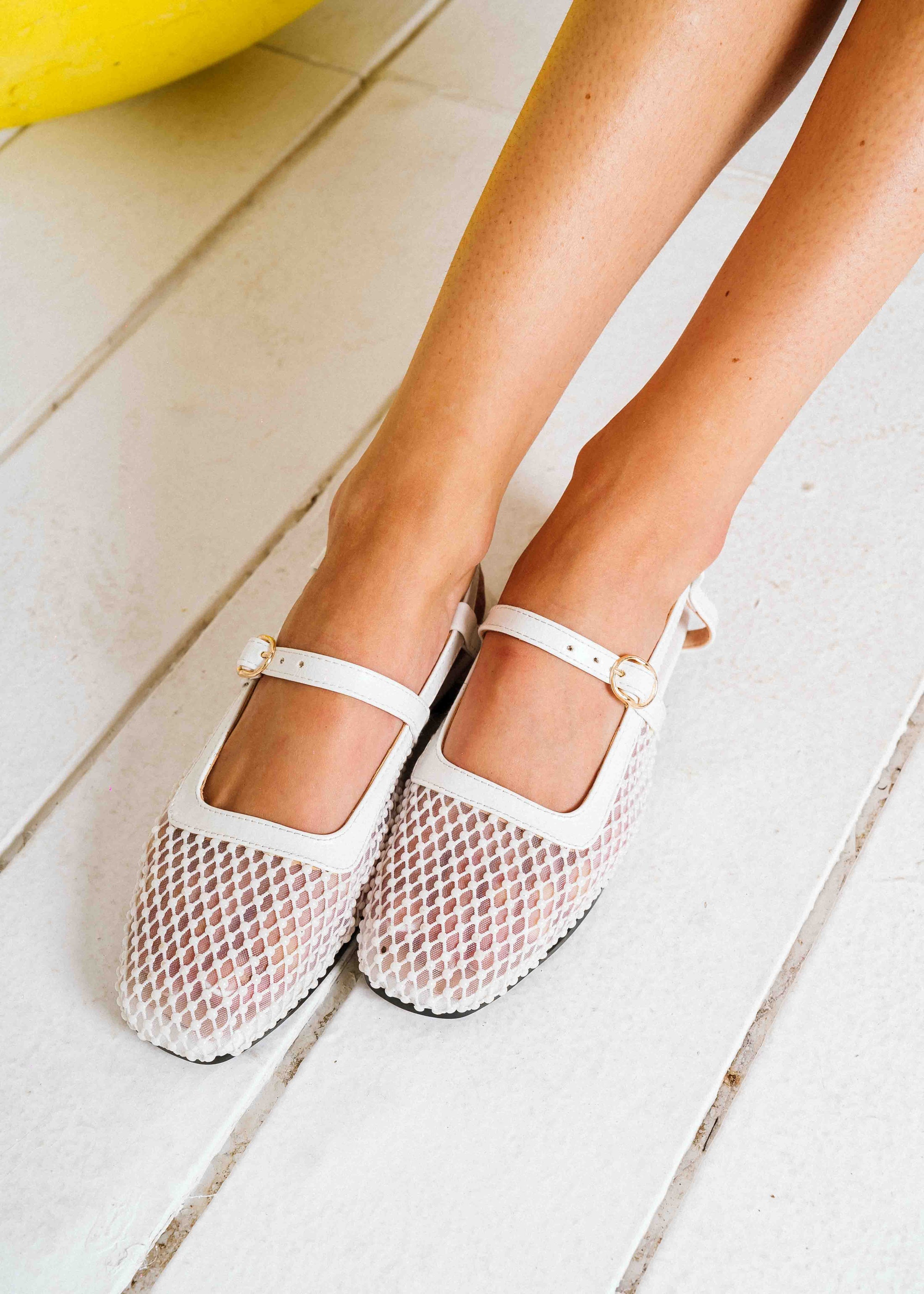 Pearl-Detail Mesh Slingback Flats - white