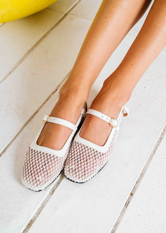 Pearl-Detail Mesh Slingback Flats - white