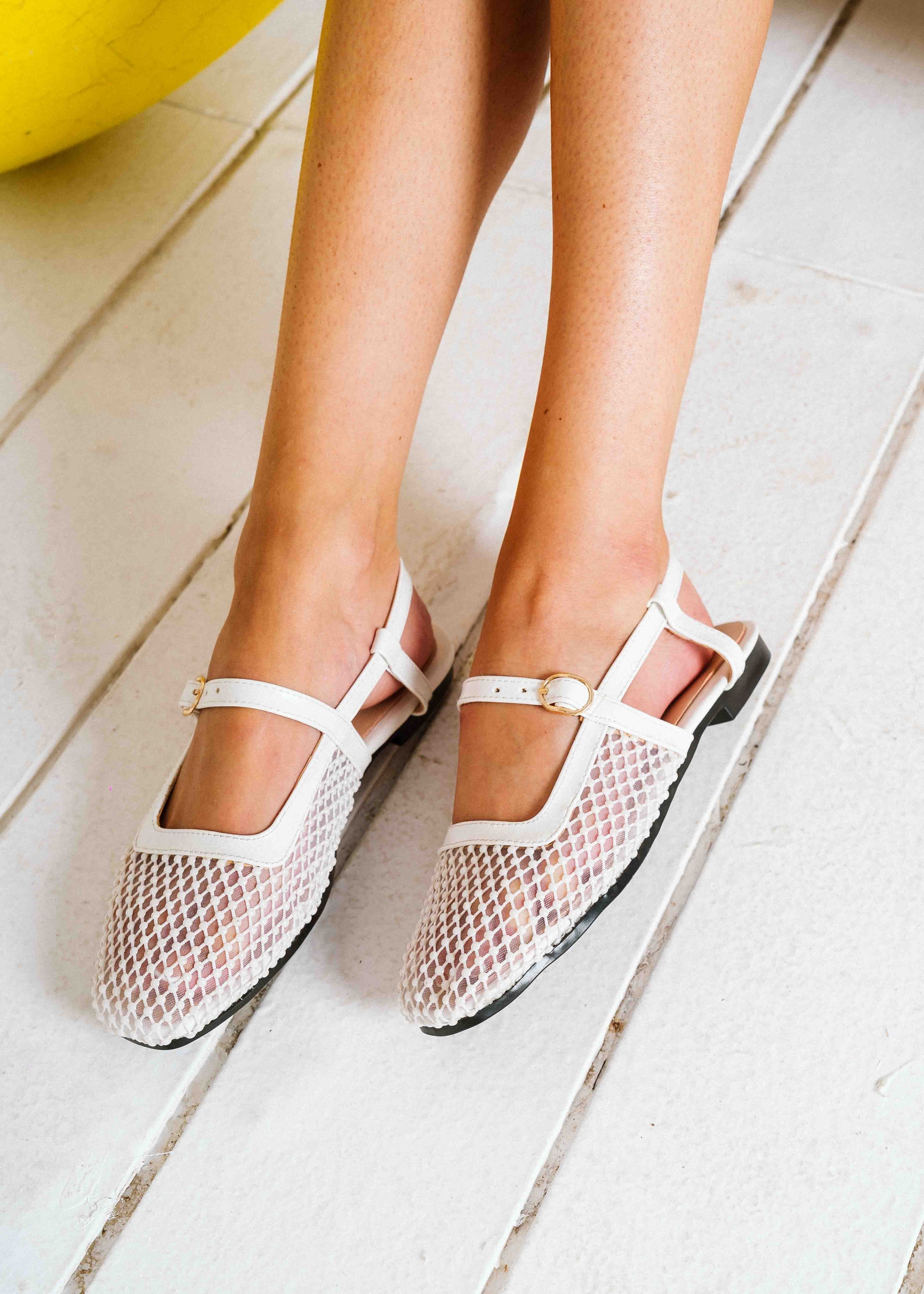 Pearl-Detail Mesh Slingback Flats - white