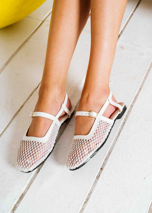 Pearl-Detail Mesh Slingback Flats - white
