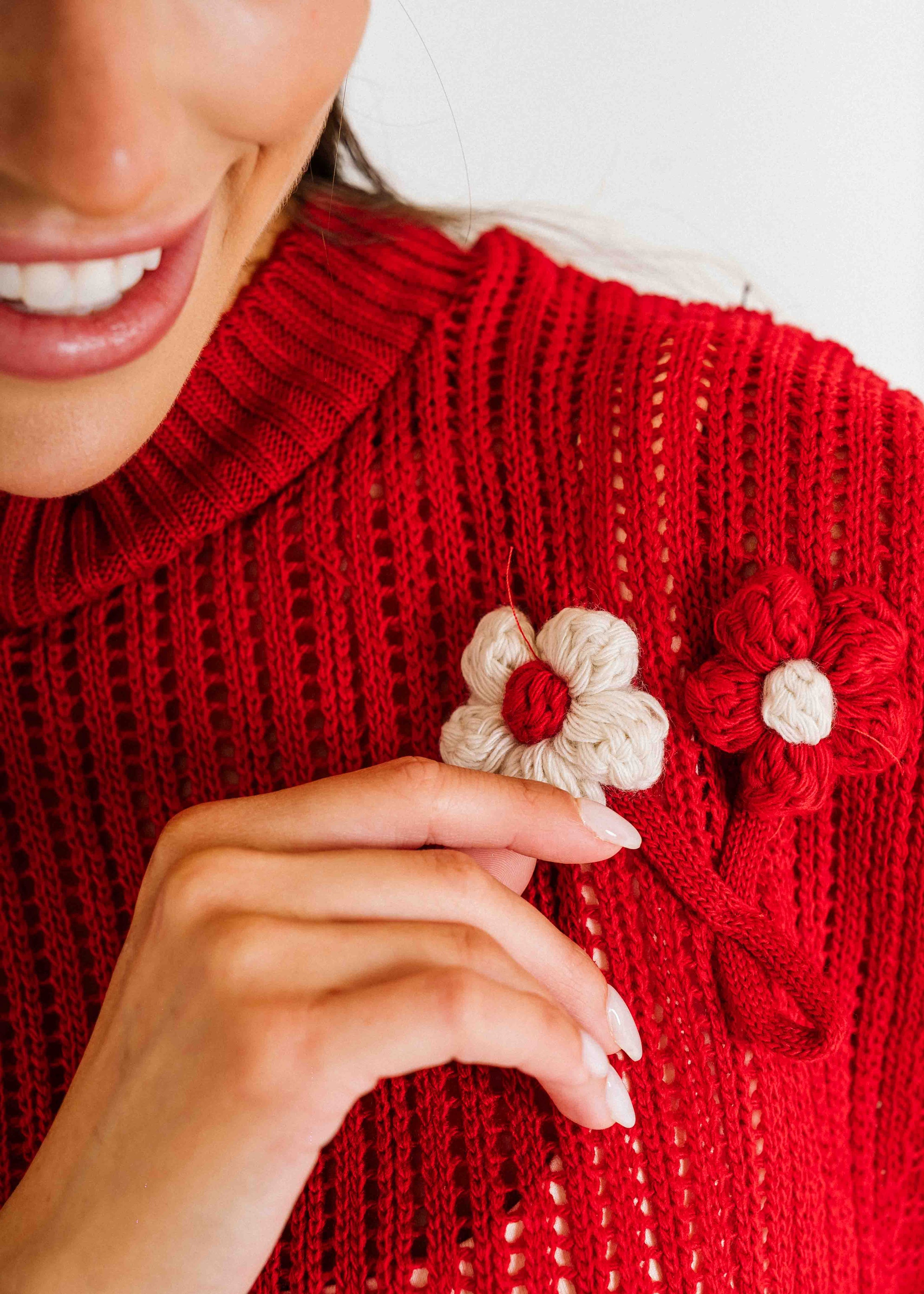Crochet Flower Knit Vest - red