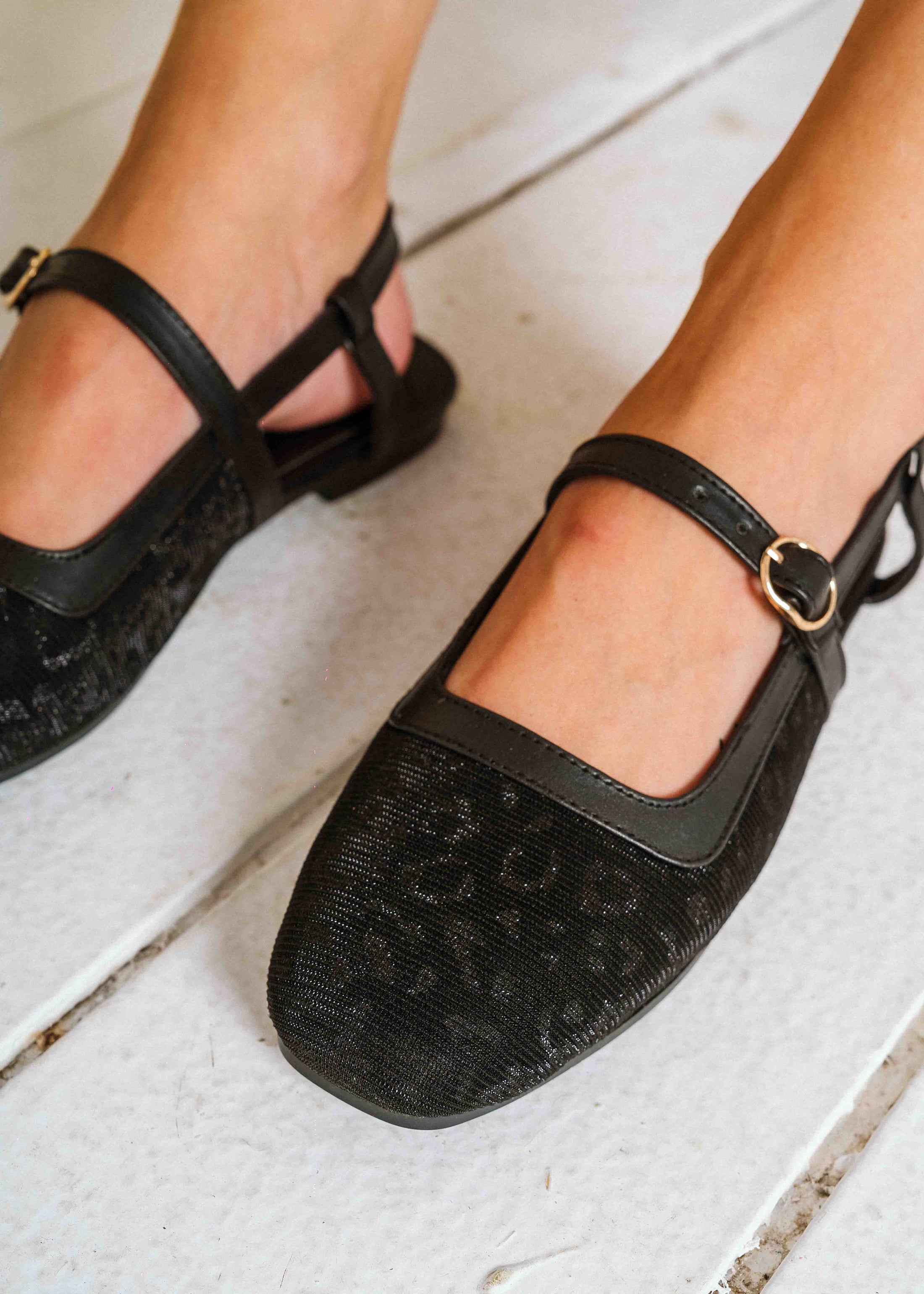 Textured Metallic Slingback Flats - black