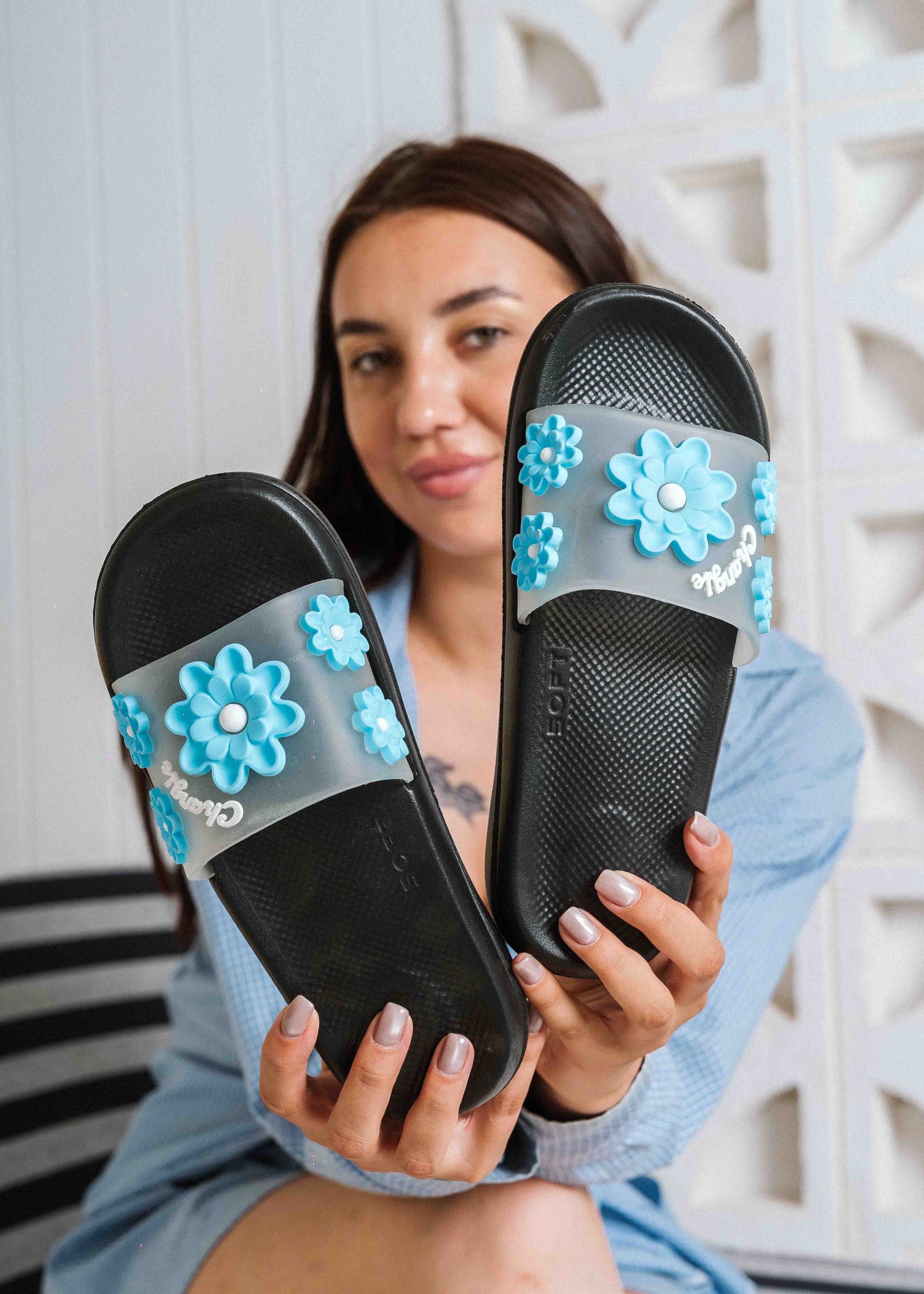 Soft Cushion Floral Summer Slides - blue