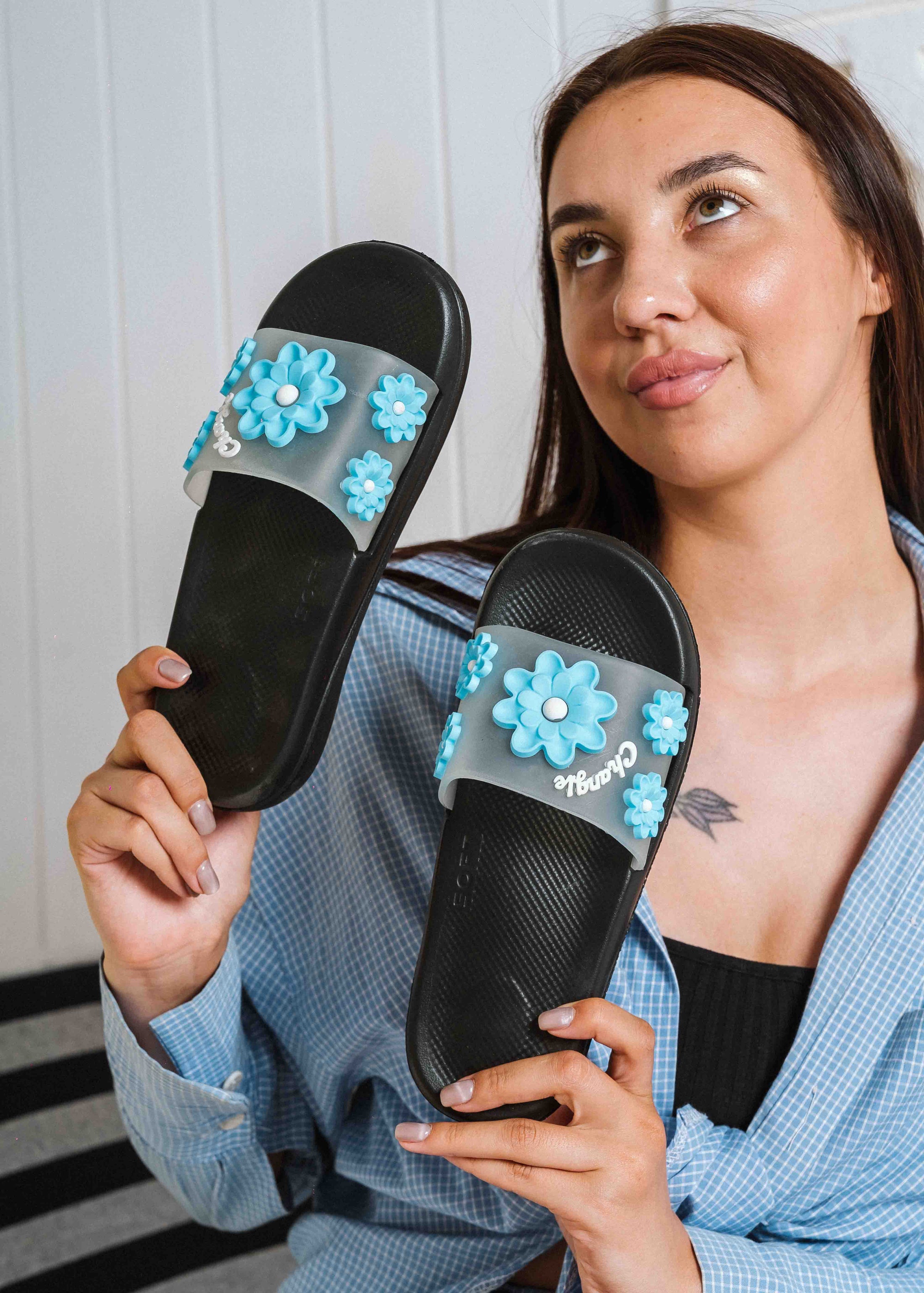 Soft Cushion Floral Summer Slides - blue