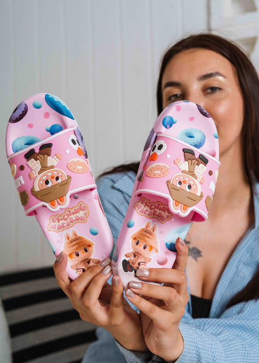 Playful Cartoon Macaron Slip-On Slides - pink