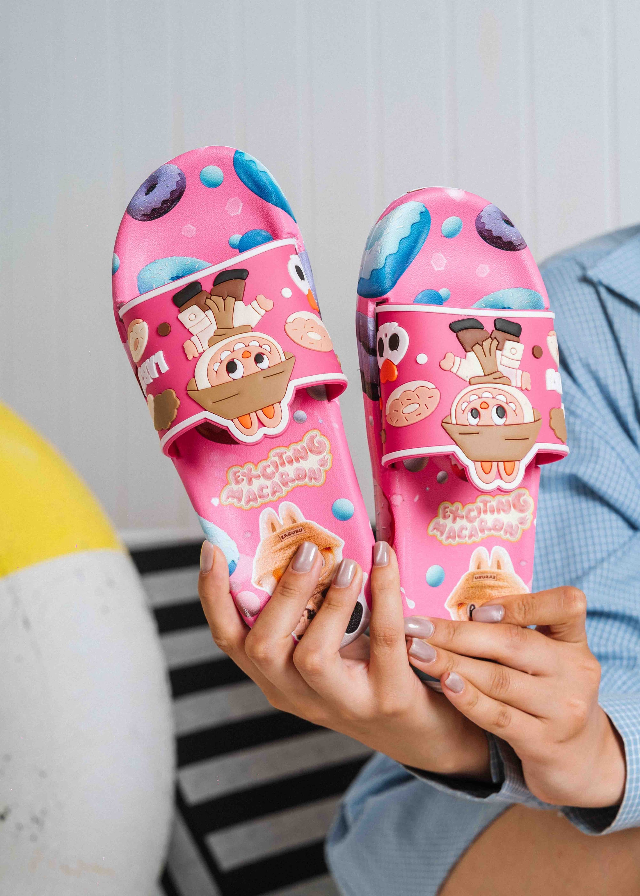 Playful Cartoon Macaron Slip-On Slides - fushia