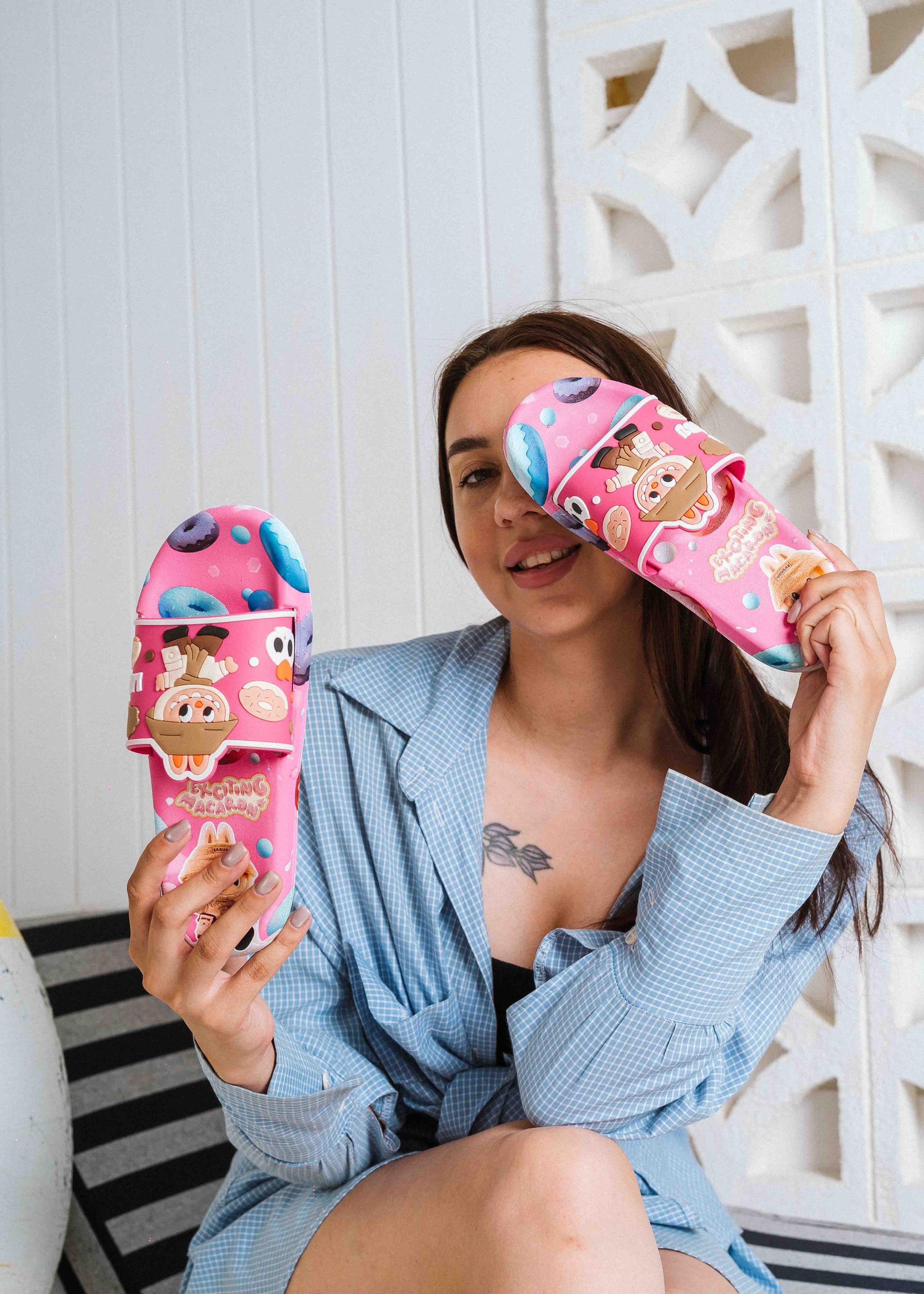 Playful Cartoon Macaron Slip-On Slides - fushia