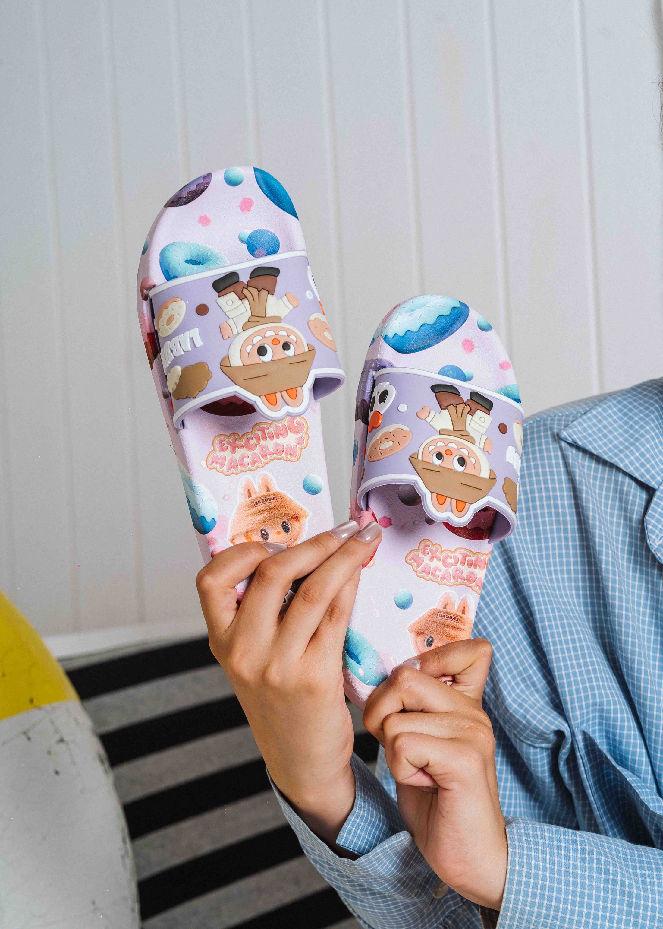 Playful Cartoon Macaron Slip-On Slides - purple