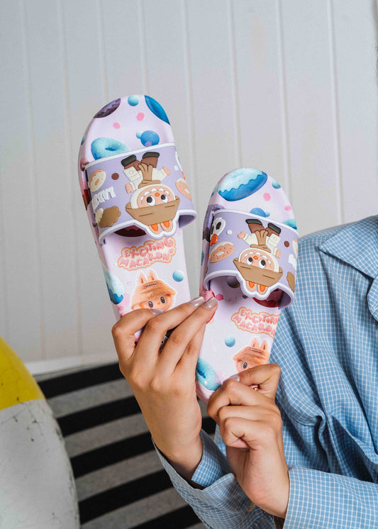 Playful Cartoon Macaron Slip-On Slides - purple